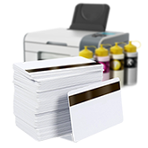 CardPrinting.com image of a stack of blank white PVC cards with a magnetic stripe, suitable for printing in an inkjet printer